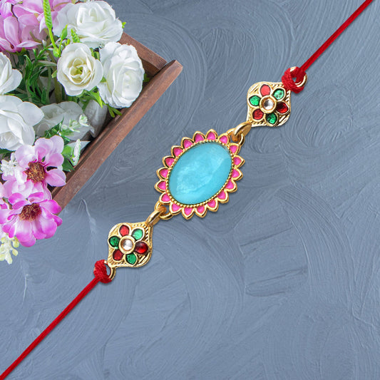 Blue Stone Rakhi with Floral Meenakari Accents