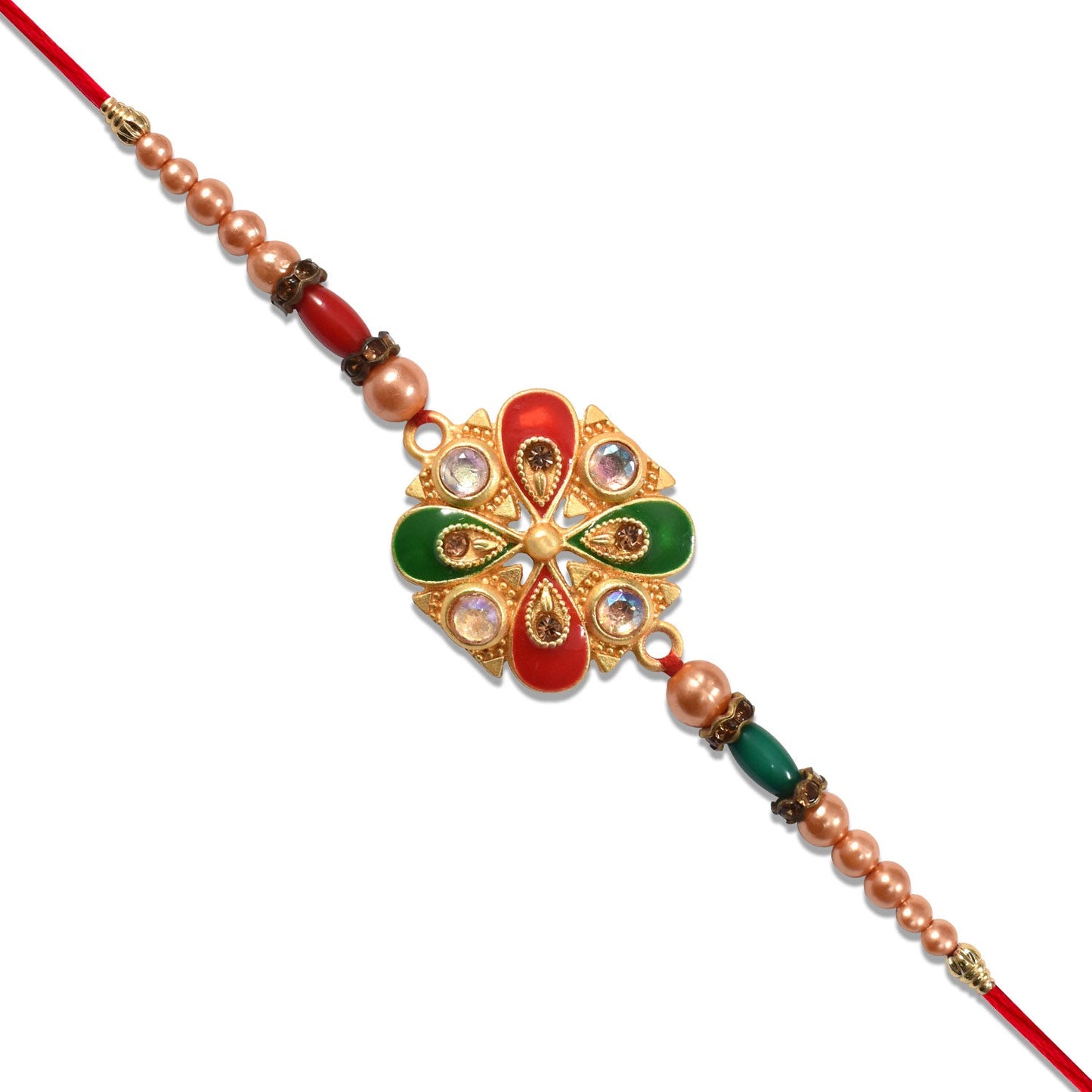 Elegant Meenakari Rakhi with Red-Green Enamel & Stones