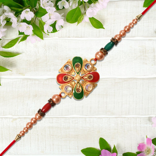 Elegant Meenakari Rakhi with Red-Green Enamel & Stones