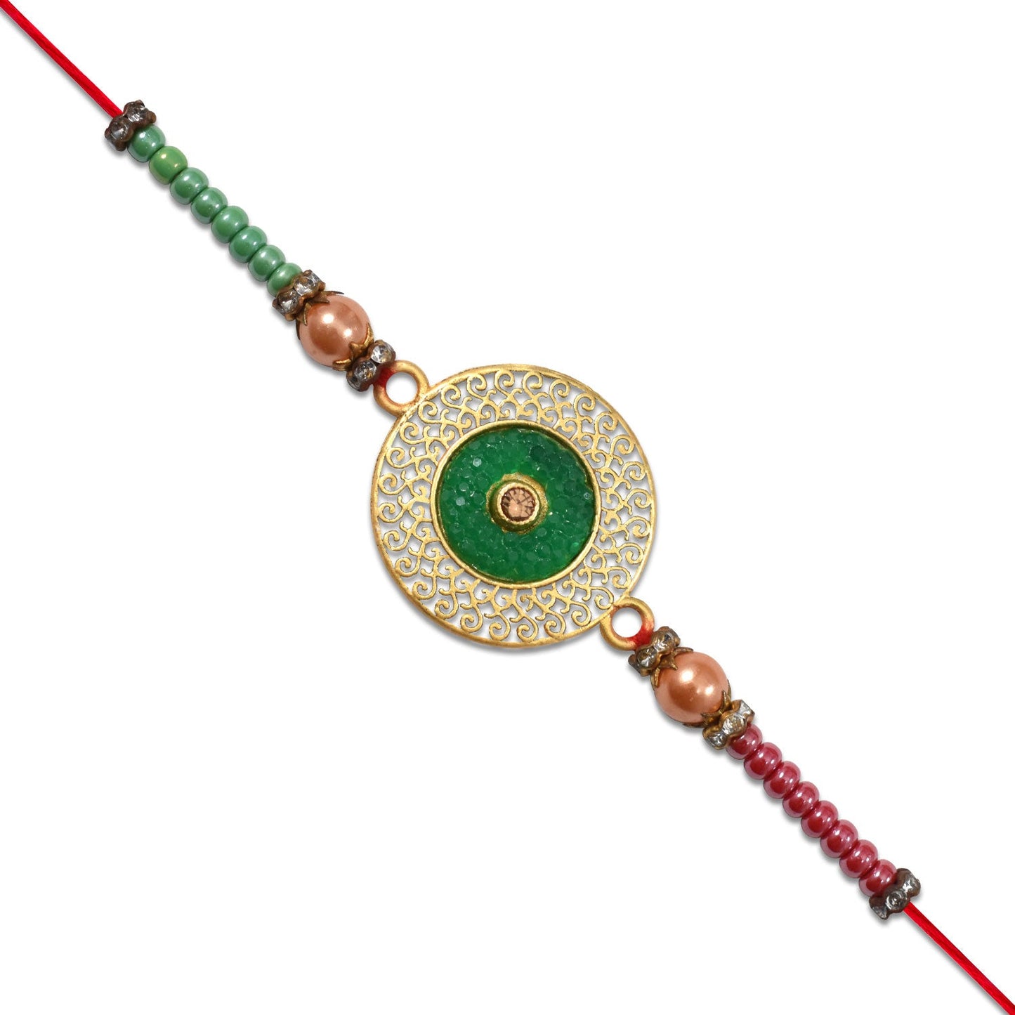 Elegant Green Circular Rakhi with Golden Filigree Design