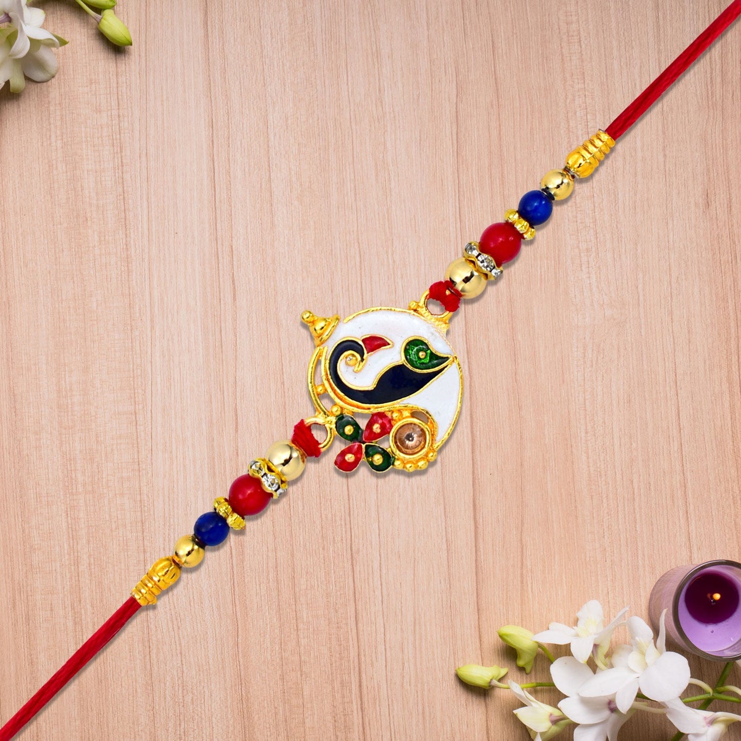 Designer Ganesh Rakhi with Enamel Work & Color Beads