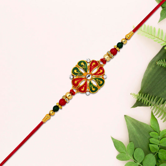 Designer Flower Rakhi with Colorful Enamel Petals and Golden Beads