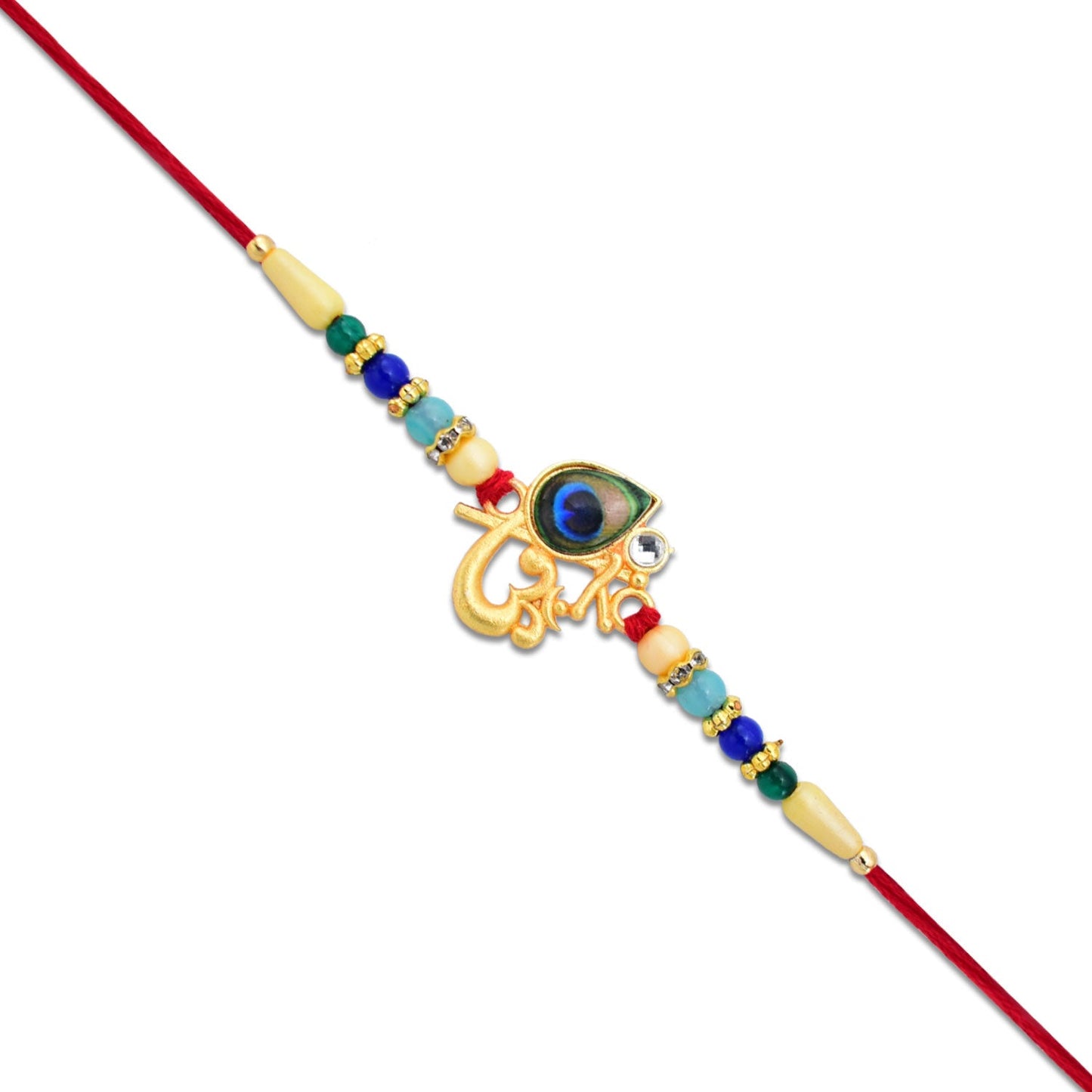 Divine Govind Rakhi with Peacock Feather Design and Multicolor Beads