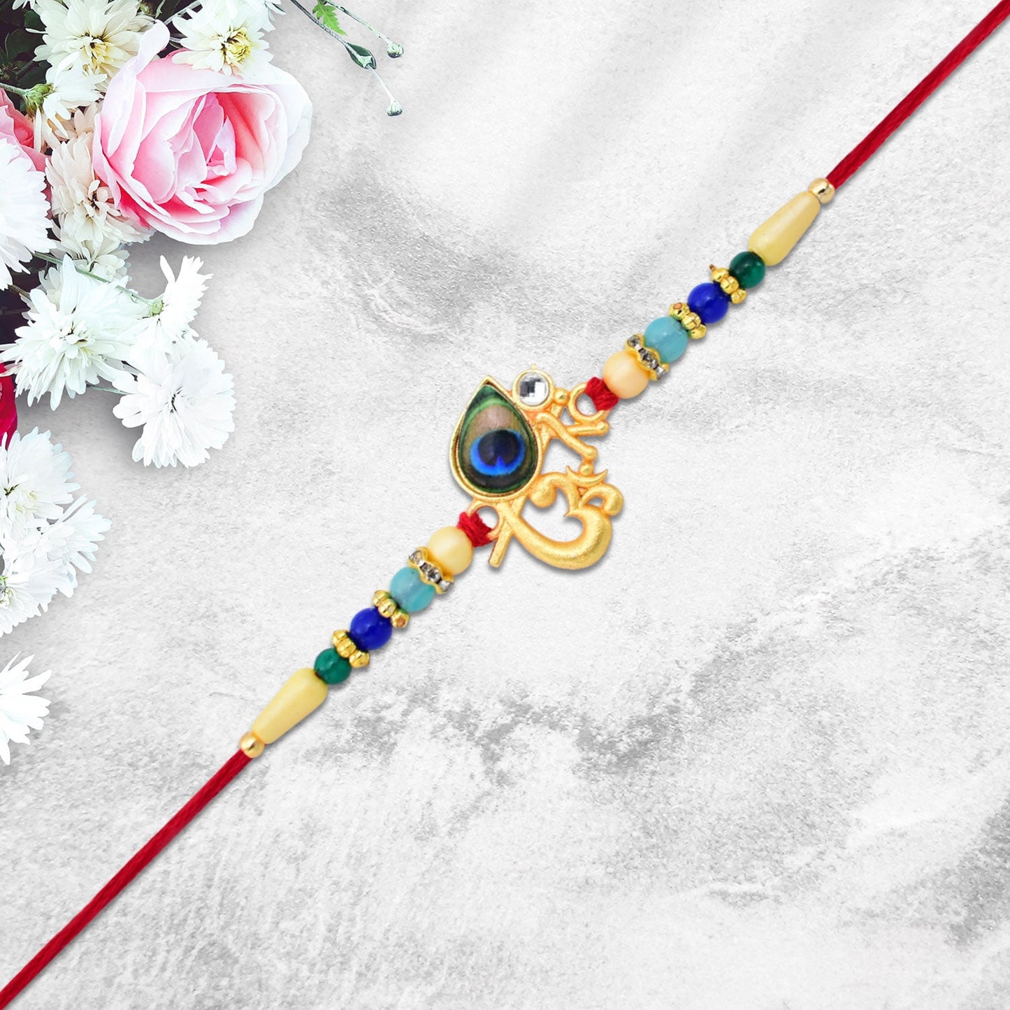 Divine Govind Rakhi with Peacock Feather Design and Multicolor Beads