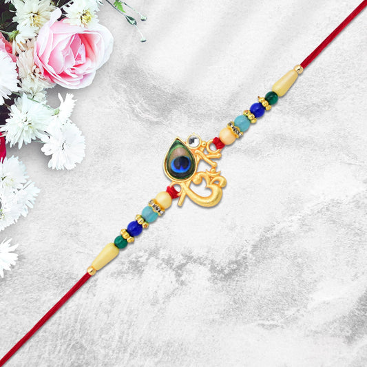Divine Govind Rakhi with Peacock Feather Design and Multicolor Beads