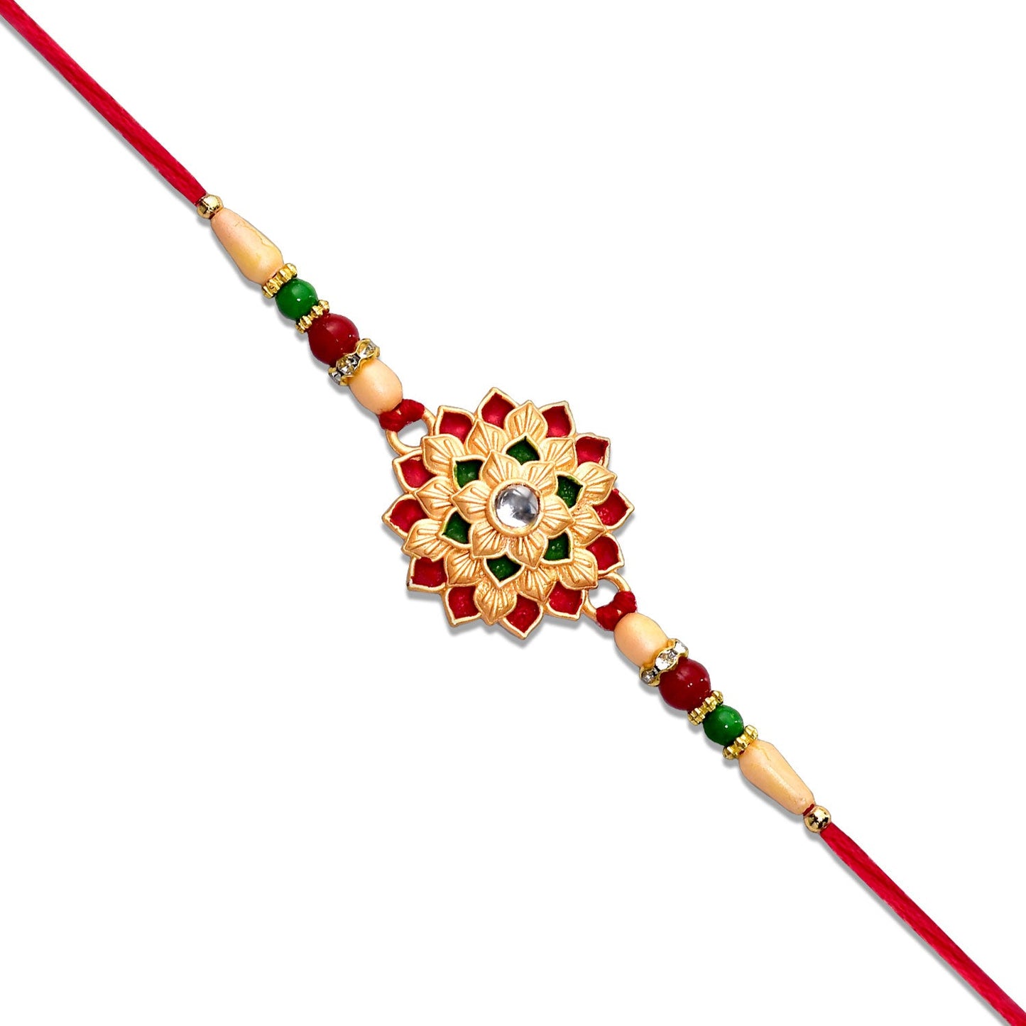Designer Floral Rakhi with Beaded Strap – Red, Green & Gold Accents