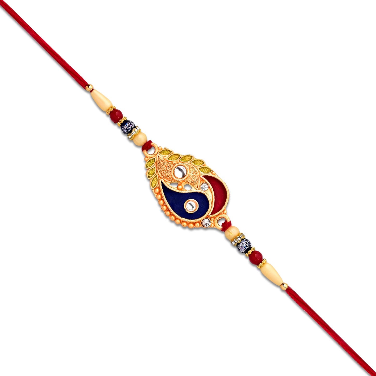 Elegant Rakhi with Enamel Paisley Design and Gold-Tone Embellishments