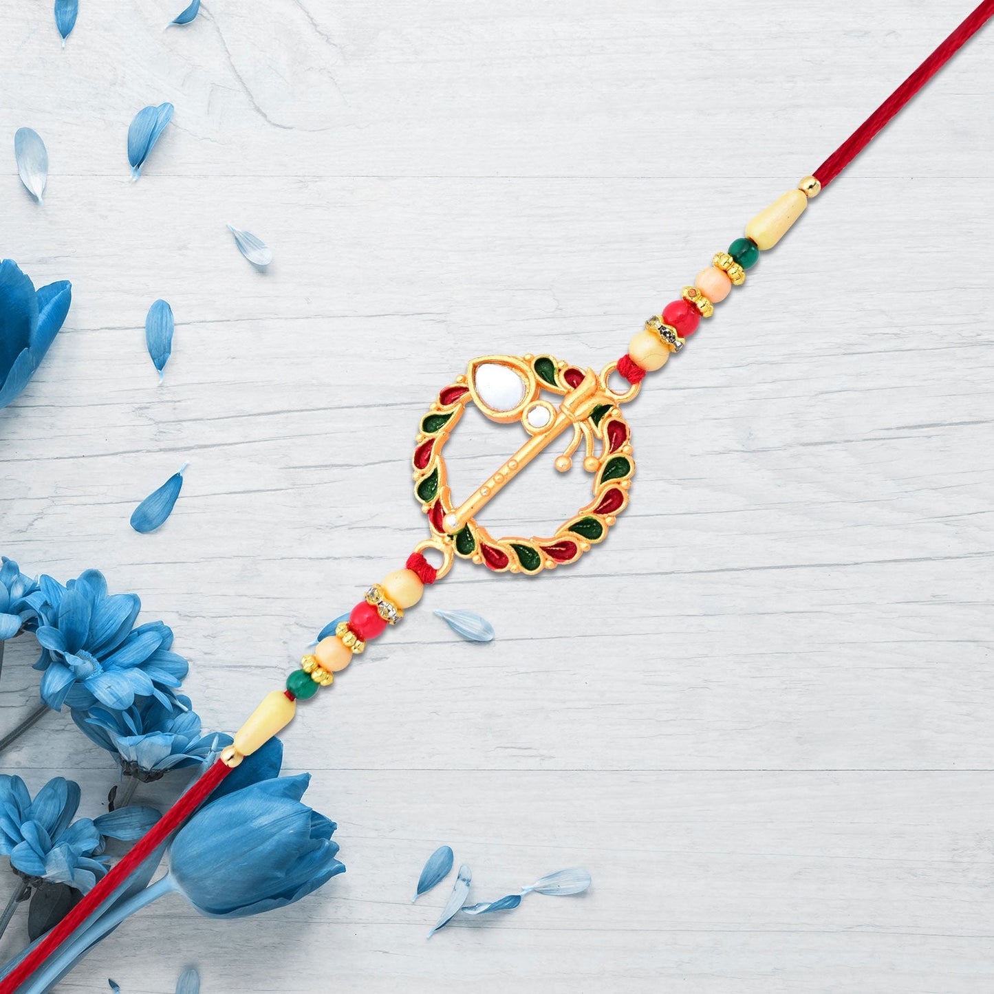 Krishna Flute Rakhi with Colorful Leaf Motif & Beads