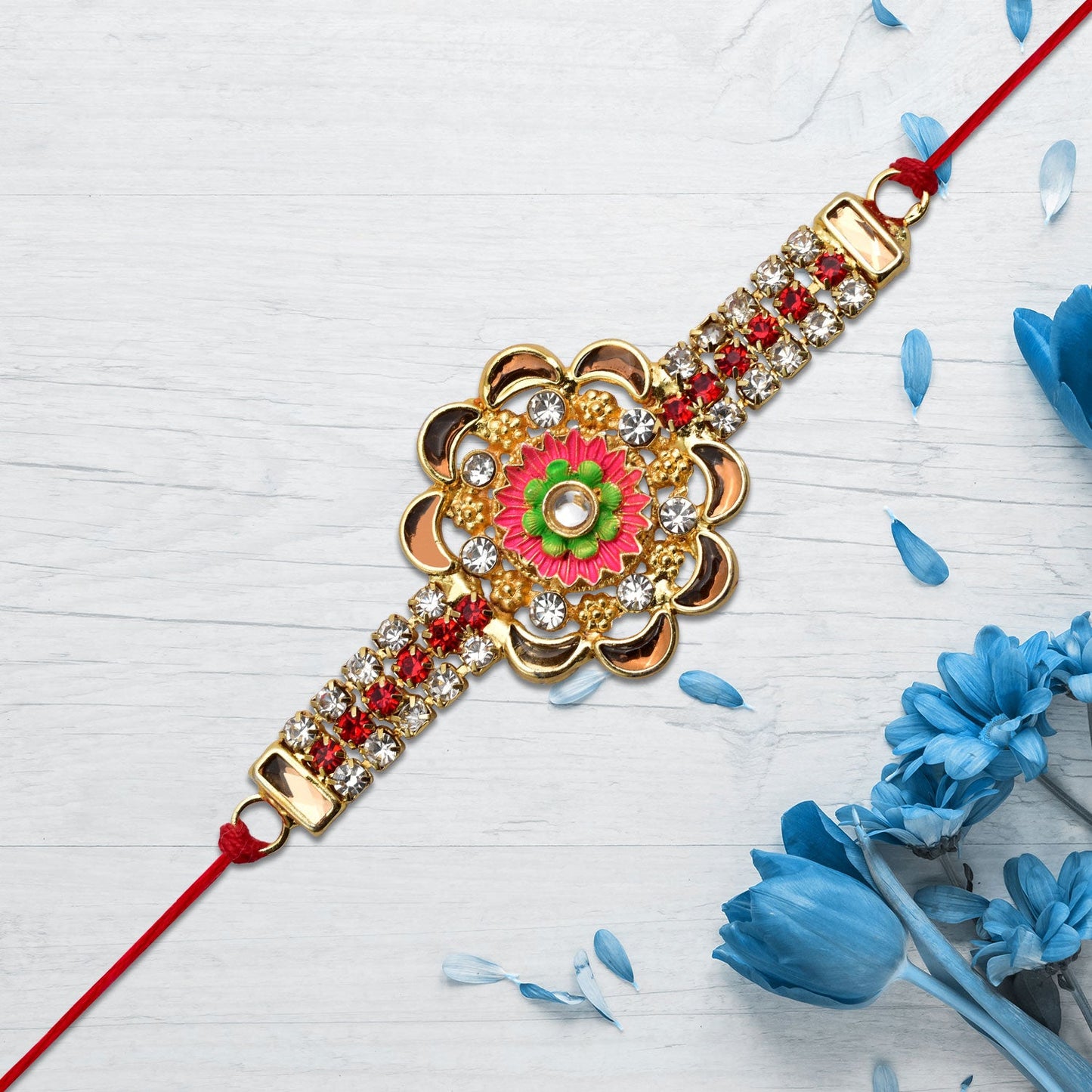 Stone Studded Floral Rakhi with Colorful Enamel Center