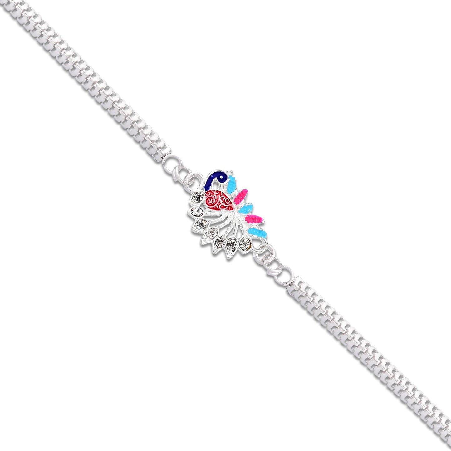 "Colorful Peacock Design Rakhi with Enamel Finish and Silver-Tone Metal Chain