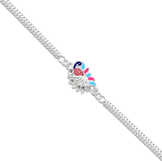 "Colorful Peacock Design Rakhi with Enamel Finish and Silver-Tone Metal Chain