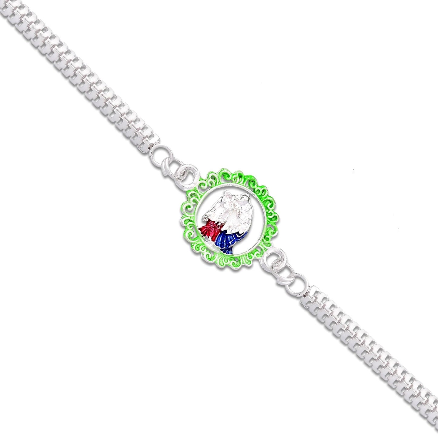 Spiritual Rakhi with Radha Krishna Design and Dual-Link Silver Chain
