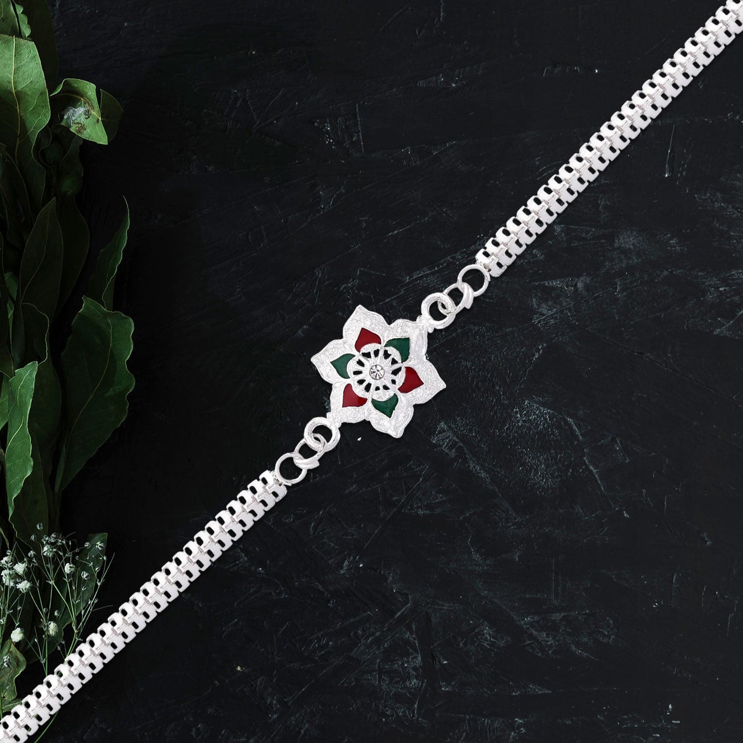 Silver Lotus Rakhi with Red-Green Enamel & Chain Strap