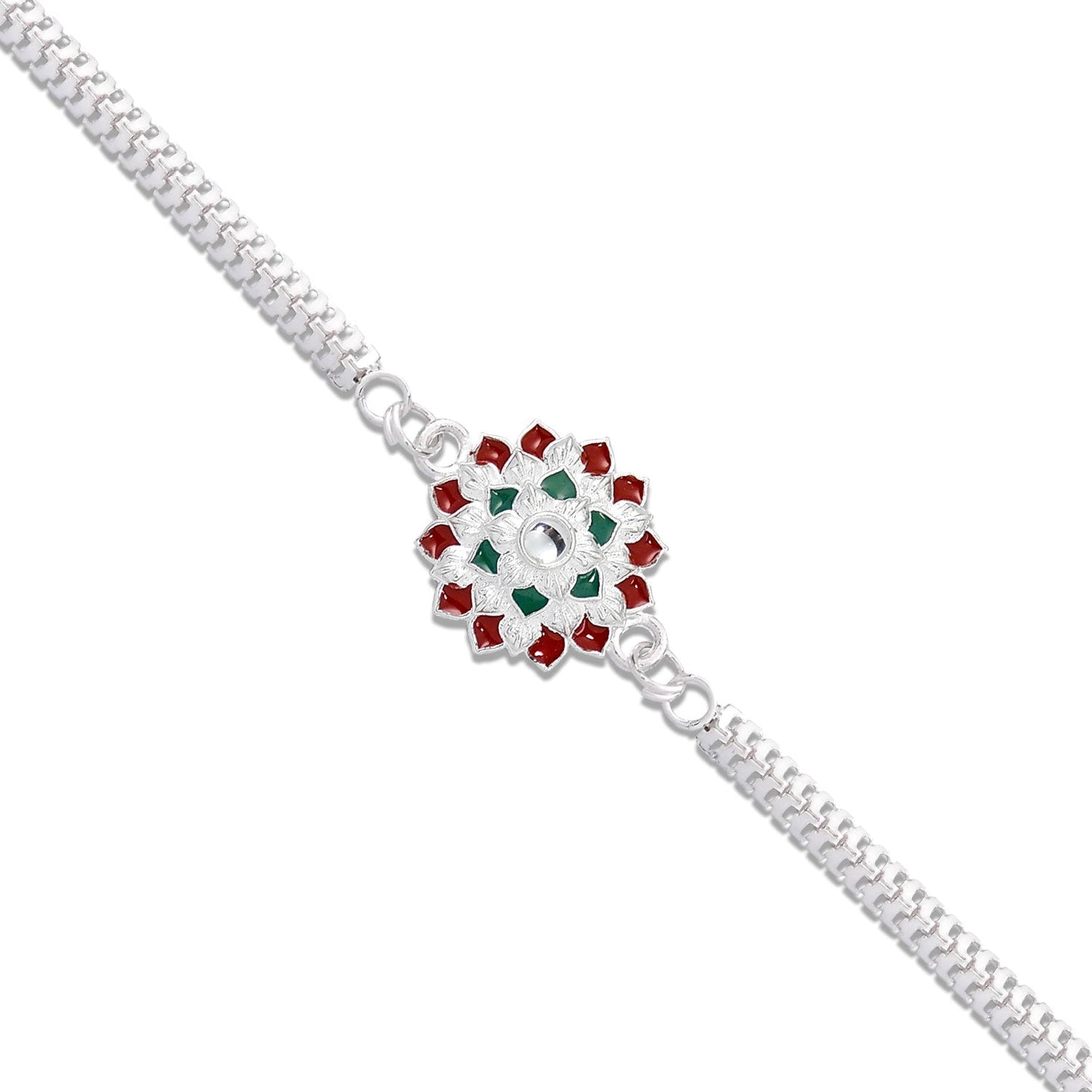 Round Shape Silver Chain Rakhi With  Red-Green Accents