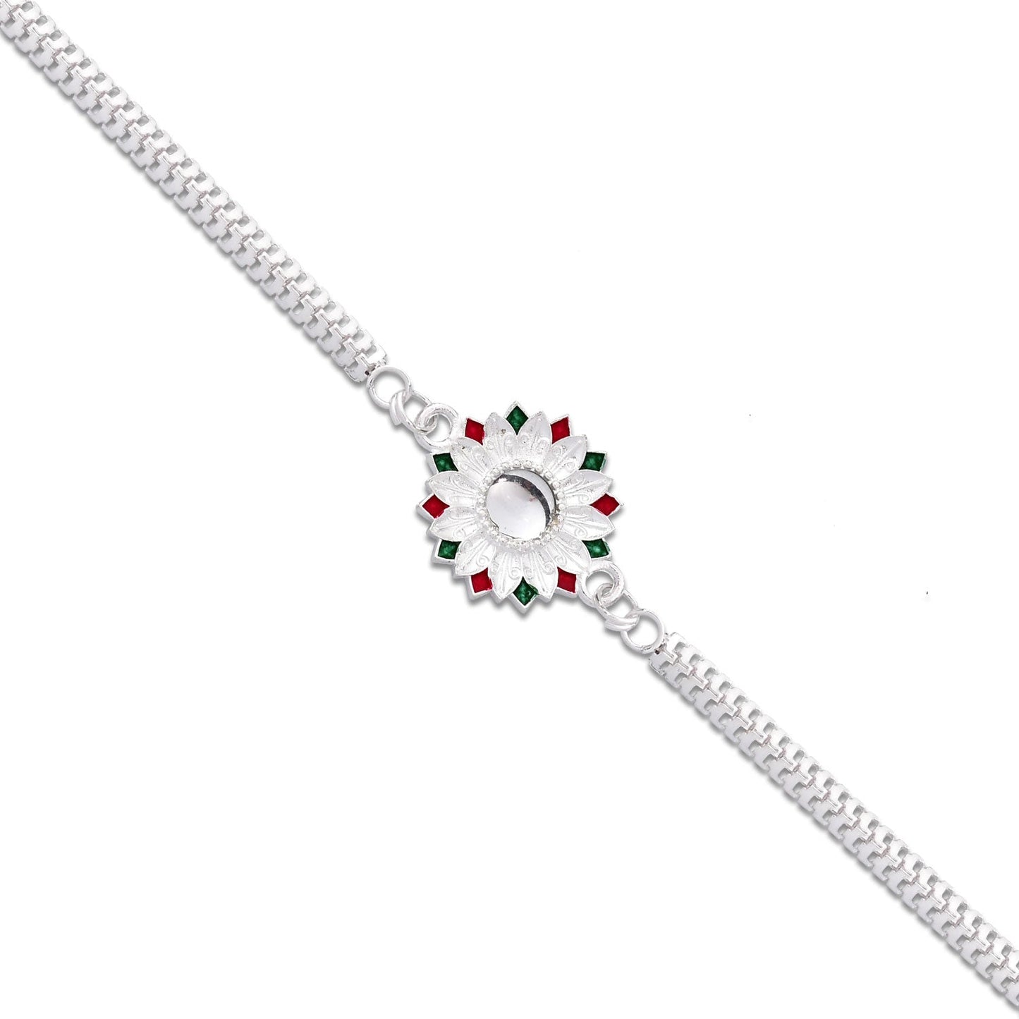 Elegant Silver-Plated Floral Rakhi with Red and Green Meenakari Accents