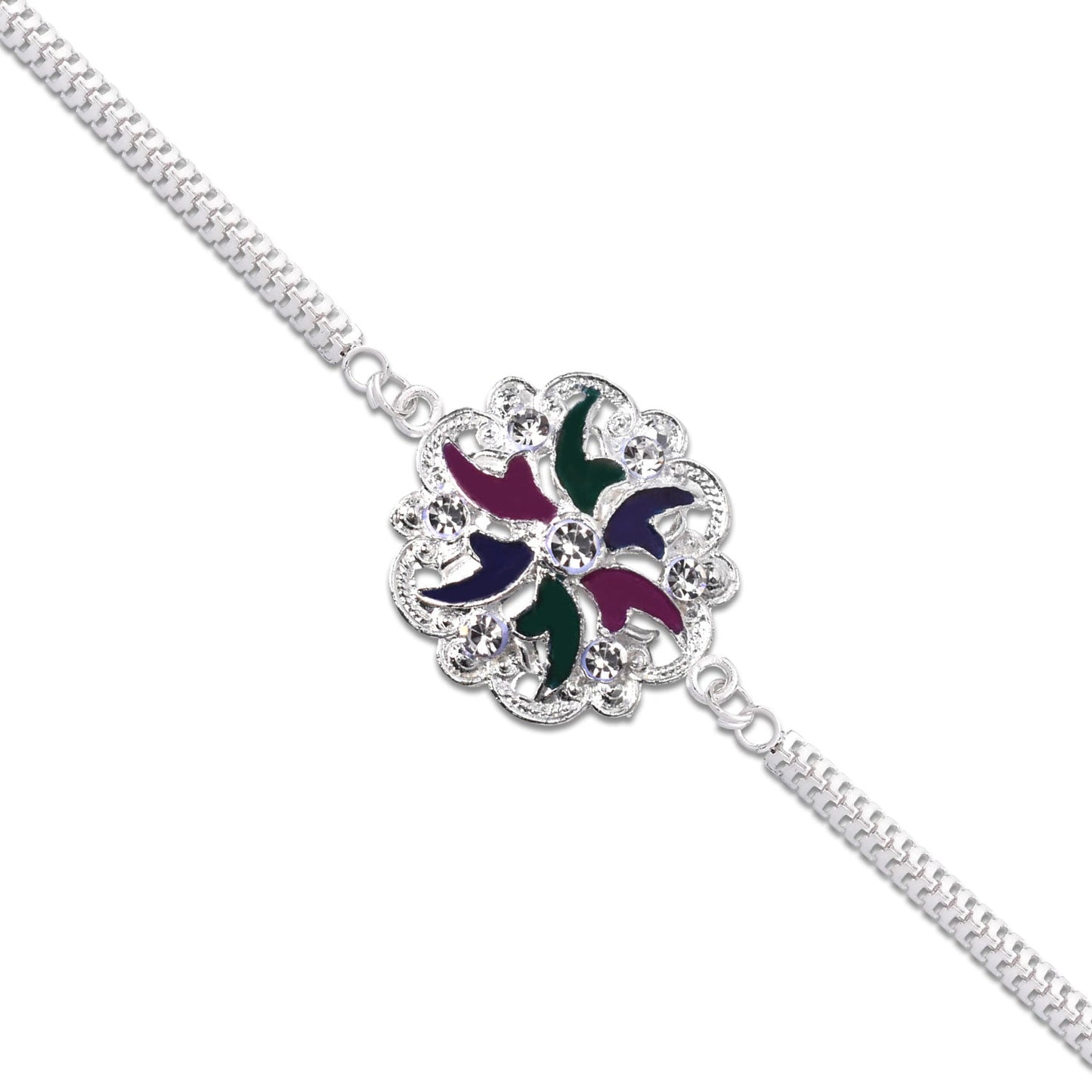 Silver Floral Rakhi with Multicolor Enamel & Chain Band