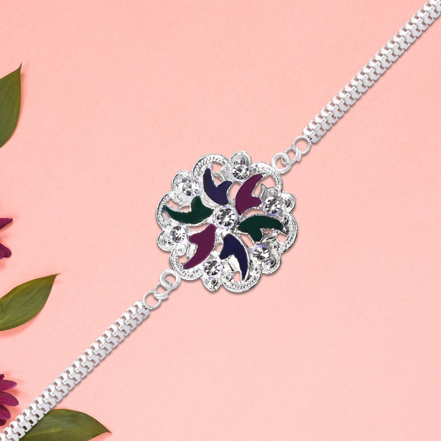 Silver Floral Rakhi with Multicolor Enamel & Chain Band
