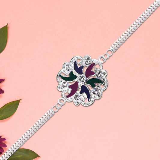 Silver Floral Rakhi with Multicolor Enamel & Chain Band