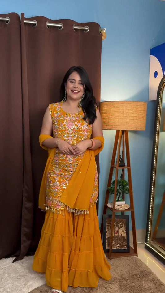 Vibrant Yellow Sharara Set – A Stunning Blend of Festive Radiance and Traditional Elegance