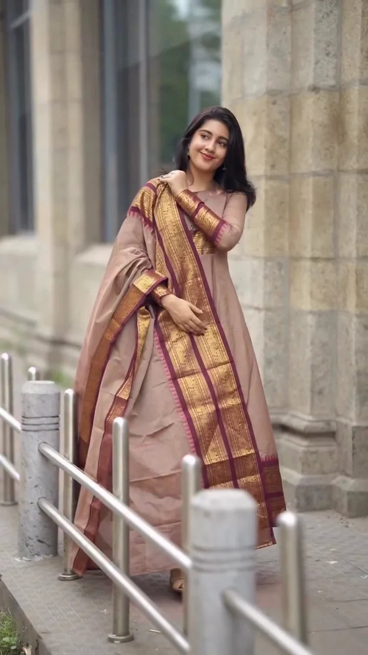 Cream Anarkali Suit for Women – Flared Ethnic Dress with Beautiful Embroidery and Detailing – Perfect for Weddings, Parties, and Festive Occasion