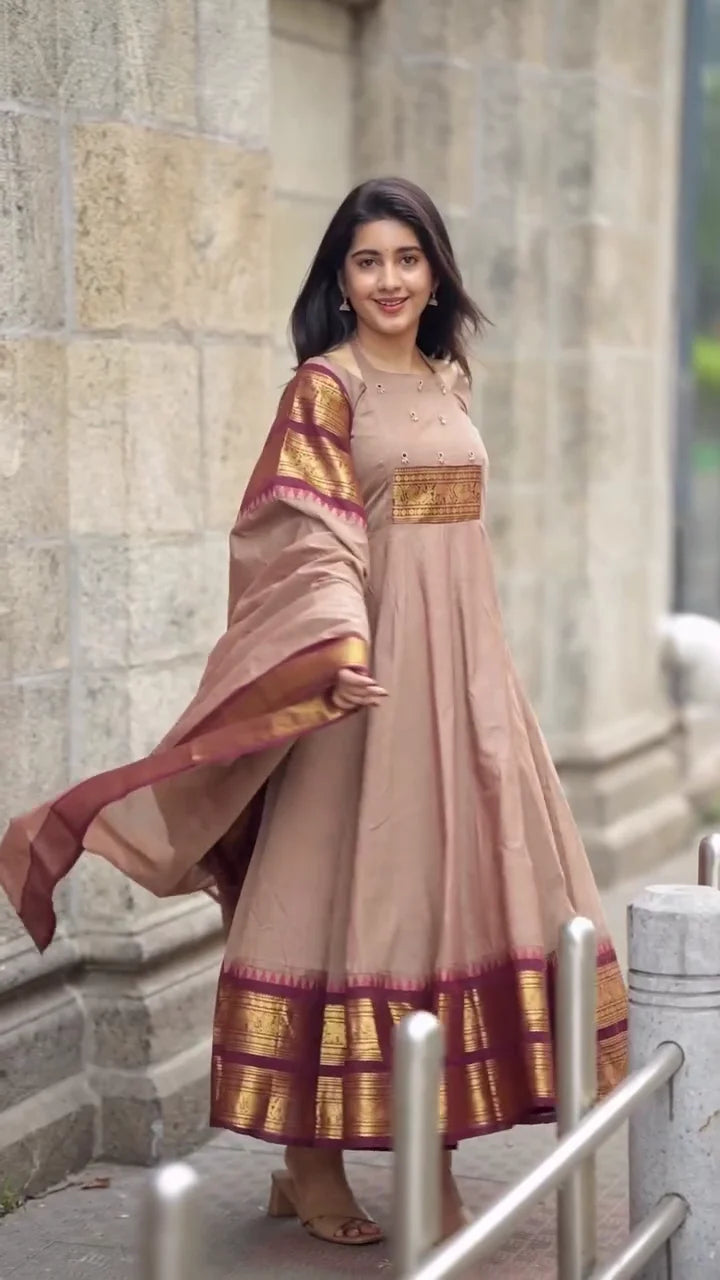 Cream Anarkali Suit for Women – Flared Ethnic Dress with Beautiful Embroidery and Detailing – Perfect for Weddings, Parties, and Festive Occasion