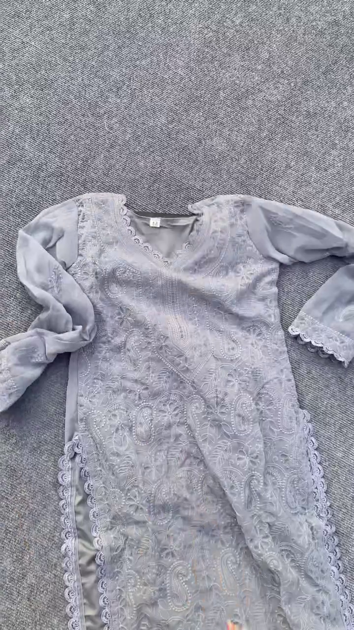 Women’s Grey Embroidered Kurta Set with Matching Dupatta – Elegant Lace Detailing, Soft Fabric, Full Sleeve Ethnic Suit for Festive, Party, Wedding and Traditional Wear