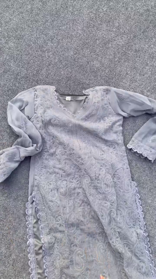 Women’s Grey Embroidered Kurta Set with Matching Dupatta – Elegant Lace Detailing, Soft Fabric, Full Sleeve Ethnic Suit for Festive, Party, Wedding and Traditional Wear