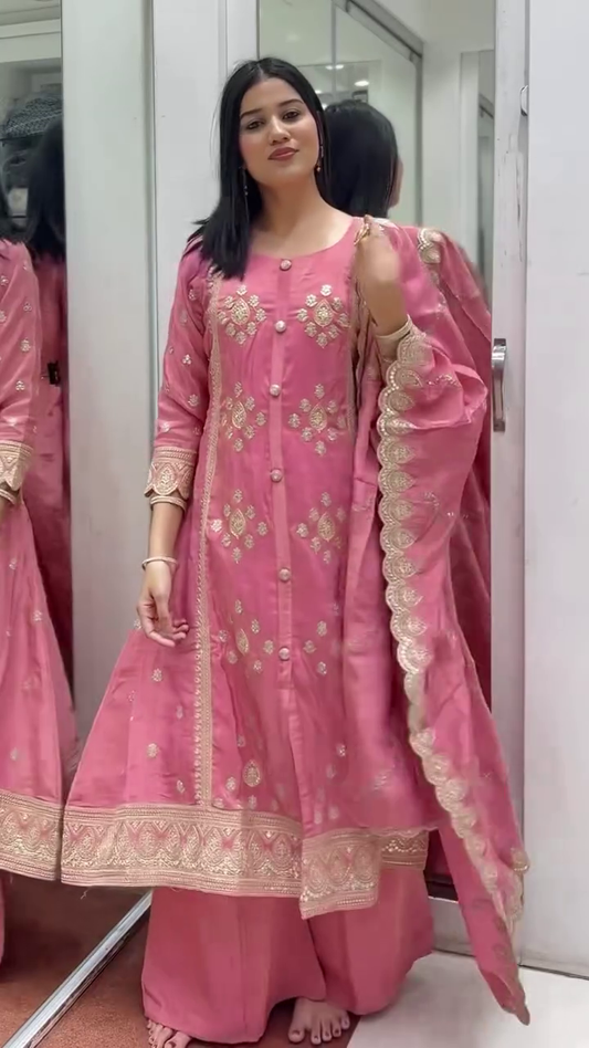 Women’s Elegant Pink Anarkali Kurta Set with Golden Embroidery, Matching Palazzo and Dupatta – Traditional Ethnic Festive and Party Wear
