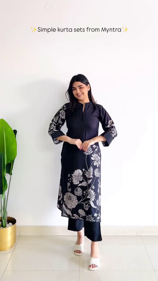 Women’s Black Printed Kurta Set with Straight Pants – Elegant Floral Design, Comfortable Rayon Fabric, 3/4 Sleeve Ethnic Outfit for Daily Wear