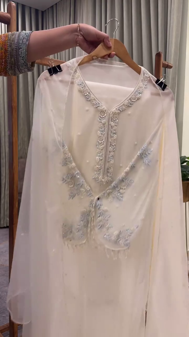 egant Embroidered Chiffon Kurta – Women’s Traditional Ethnic Wear · Soft Ivory/Cream with Delicate Threadwork & Bead Detailing