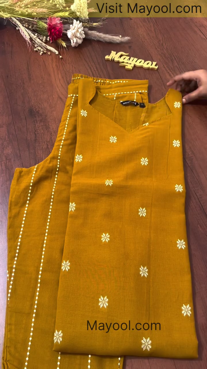 Women’s Designer Clothing Collection – Elegant Floral Printed Kurta Sets with Dupatta, Mustard Yellow Embroidered Cotton Kurta Pant Set