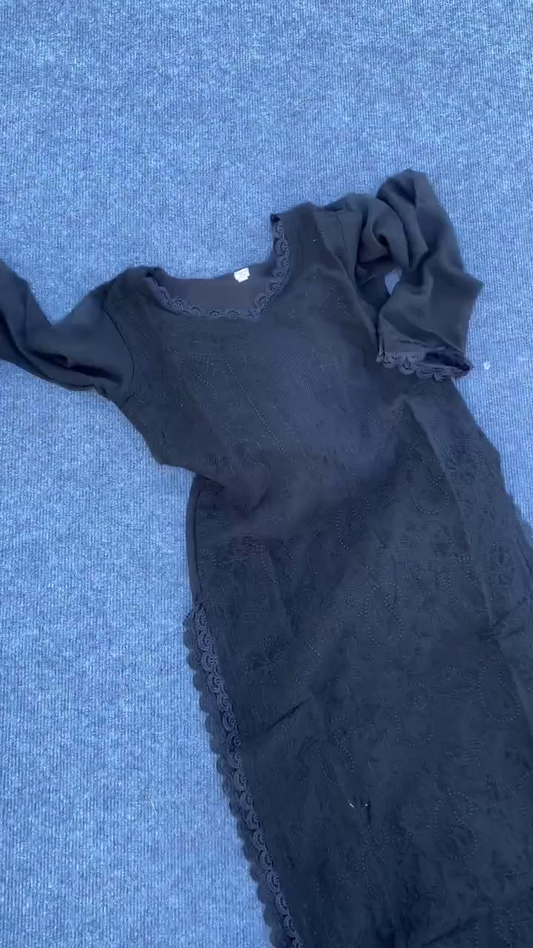 White Chikankari Embroidered Kurta Set with Black Dupatta – Women’s Traditional Ethnic Wear · Intricate Thread Embroidery on Soft Fabric