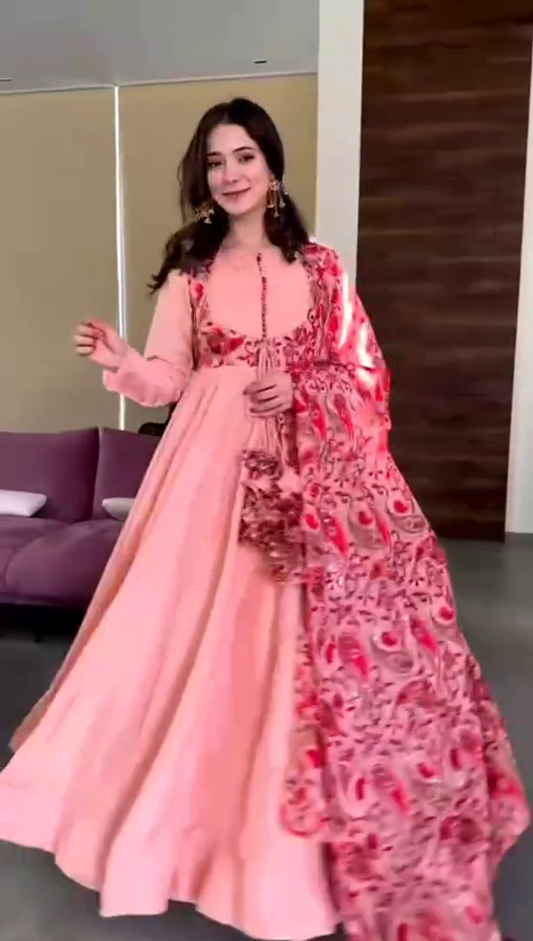 Peach Anarkali Dress with Floral Embroidered Dupatta – A Traditional Ethnic Outfit for Festive Celebrations