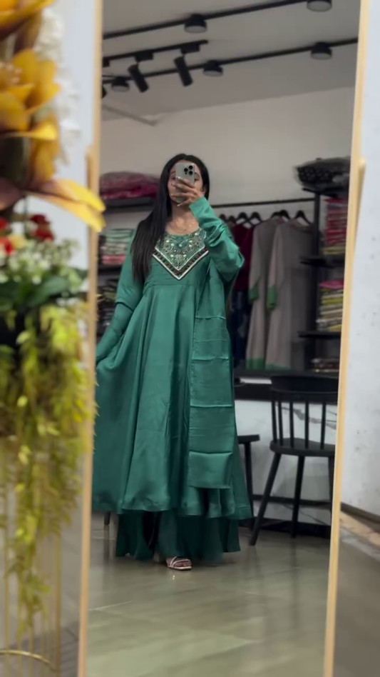 Elegant Green Satin Anarkali Dress with Intricate Embellished Neckline, Perfect for Festive Occasions
