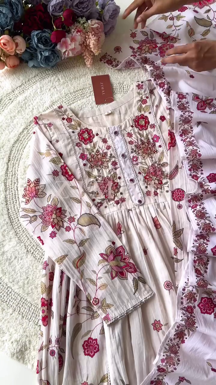 Floral Printed and Embroidered Cotton Kurta Set with Intricate Thread Work, Front Button Detailing, and Coordinated Dupatta in Soft Pastel Shades – Elegant Ethnic Wear for Festive and Casual Occasions