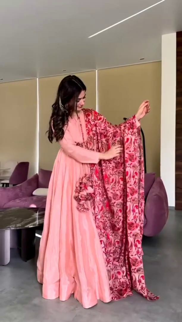 Peach Anarkali Dress with Floral Embroidered Dupatta – A Traditional Ethnic Outfit for Festive Celebrations