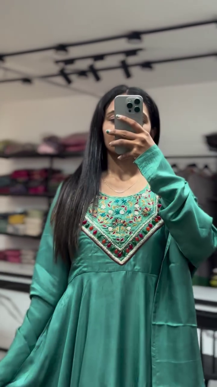 Elegant Green Satin Anarkali Dress with Intricate Embellished Neckline, Perfect for Festive Occasions