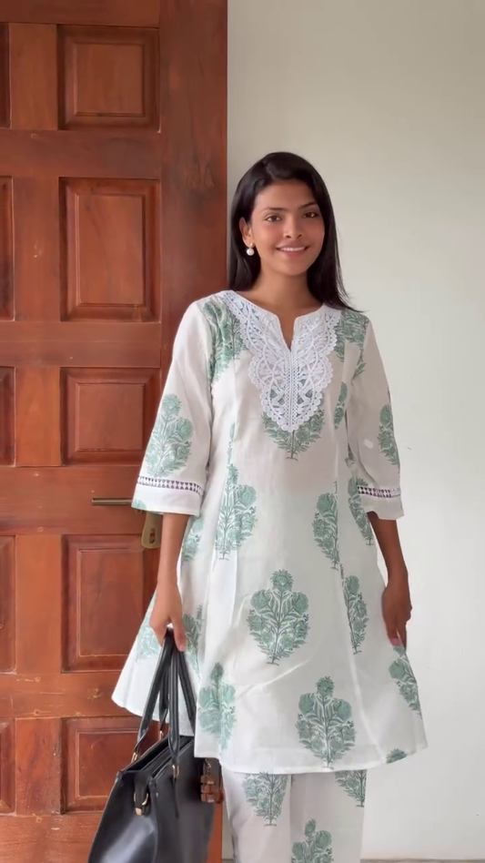 Elegant White Cotton Kurta Set with Intricate Lace Detailing and Leaf Print – Perfect for Casual Outings and Office Wear