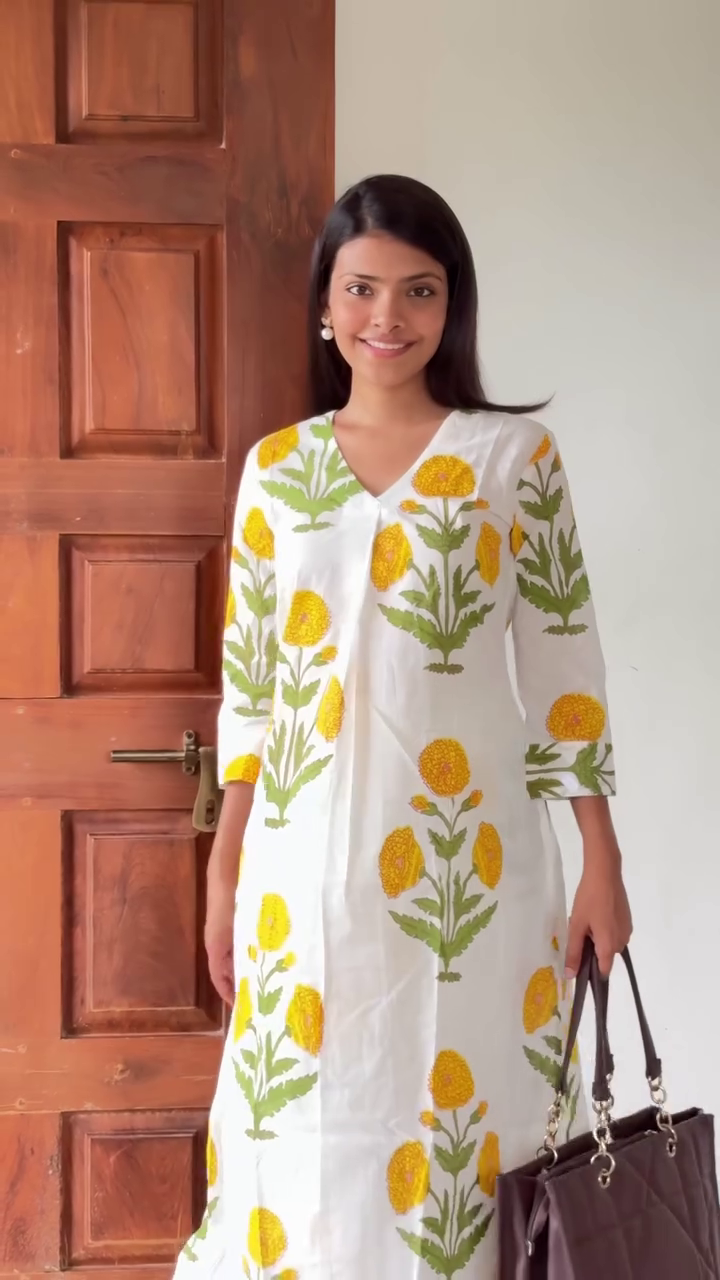Elegant White Cotton Kurta Set with Intricate Lace Detailing and Leaf Print – Perfect for Casual Outings and Office Wear