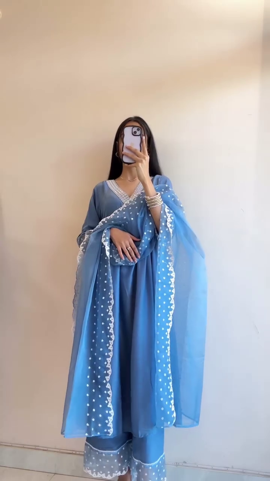 Elegant Cotton Suits in Black and Blue with Delicate White Embroidery and Lace Detailing, Perfect for Casual and Festive Occasions