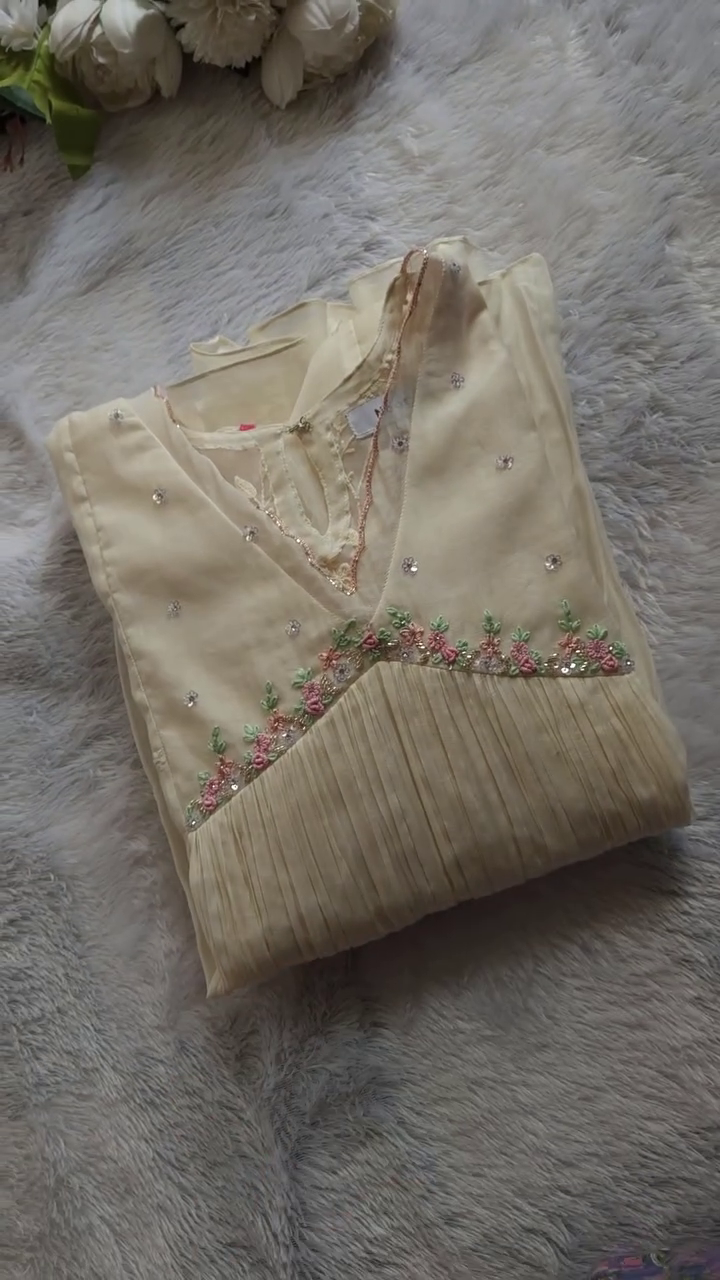 Cream Georgette Anarkali Kurta with Delicate Floral Embroidery, Sequins Detailing, Pleated Flair, and Lace Trimmed Sleeves – Graceful Ethnic Wear Ideal for Festive Gatherings, Day Functions, and Traditional Celebrations