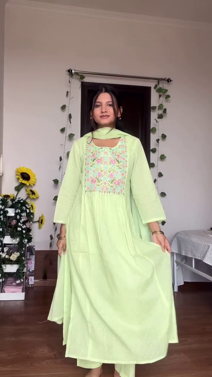 Soft and Elegant Cotton Kurtas in Light Green and Pink with Floral Embroidery and Delicate Lace Detailing, Perfect for Casual and Festive Occasions