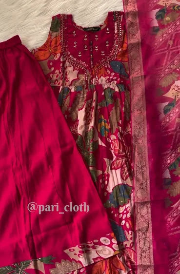 Bohemian Floral Printed Kaftan Kurta with Embroidered Cuffs