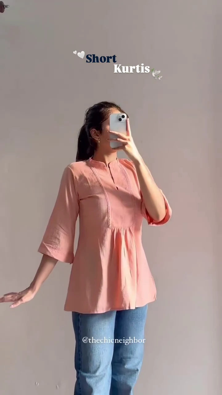 Trendy Peach Short Kurti with Flared Sleeves and Pleated Detailing – Casual Ethnic Top for Everyday Wear, Office, and College Outfits