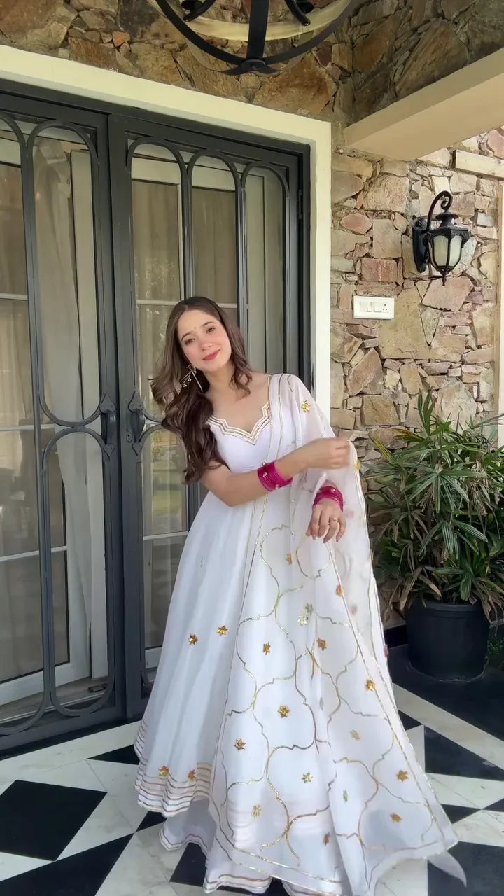 White Anarkali Suit with Golden Embroidery and Matching Dupatta – Festive and Wedding Wear Flared Ethnic Dress for Women