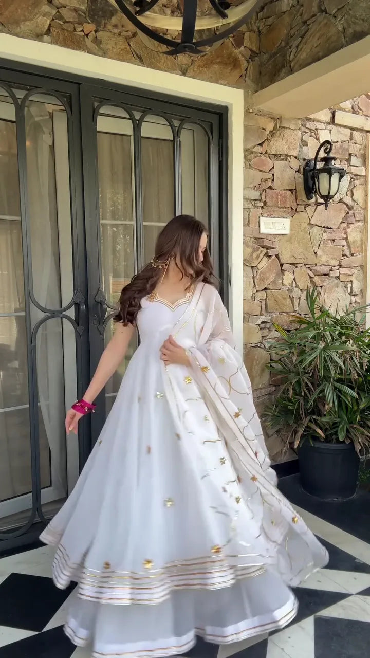 White Anarkali Suit with Golden Embroidery and Matching Dupatta – Festive and Wedding Wear Flared Ethnic Dress for Women