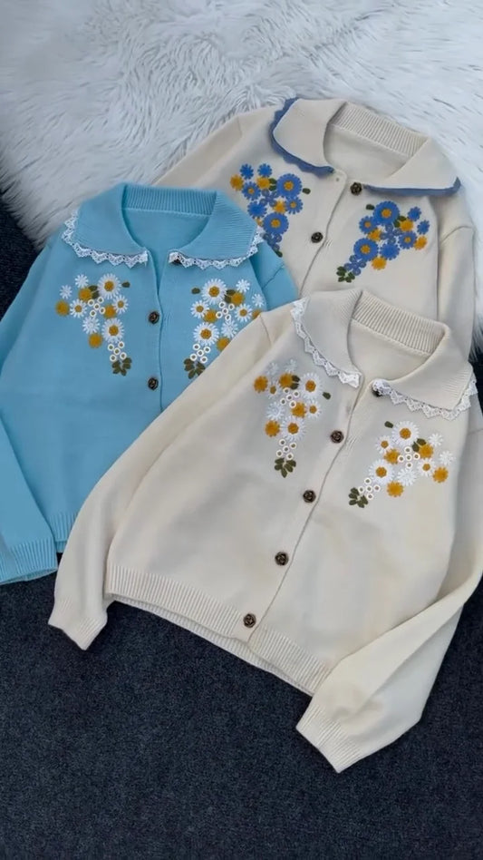 Cute Floral Embroidered Knit Cardigan for Women with Lace Collar and Button-Down Front – Soft Vintage-Inspired Sweater Available in Blue, Cream, and Beige Colors