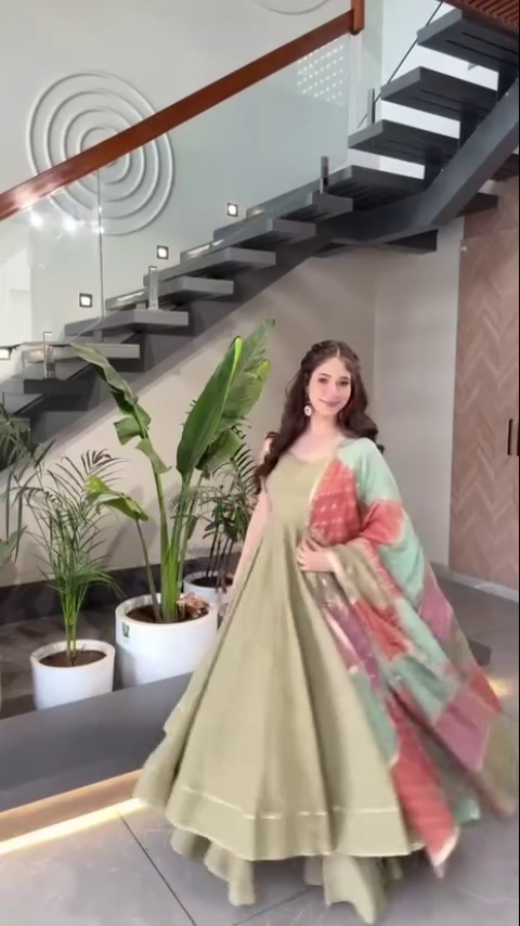 Olive Green Anarkali Dress with Multicolor Floral Dupatta – Elegant Traditional Wear for Weddings, Festive Occasions, and Cultural Celebrations.