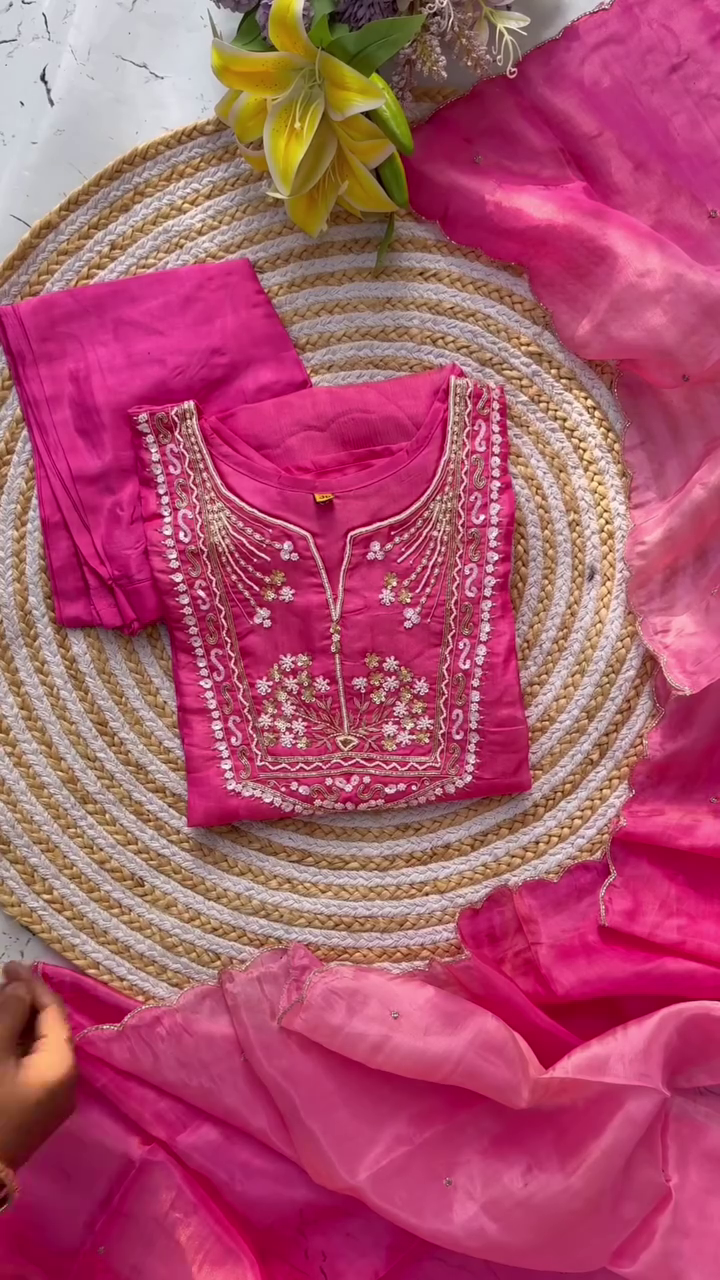 Pink Silk Kurta Set with Intricate Embroidery and Matching Dupatta – Perfect for Festive and Traditional Occasions
