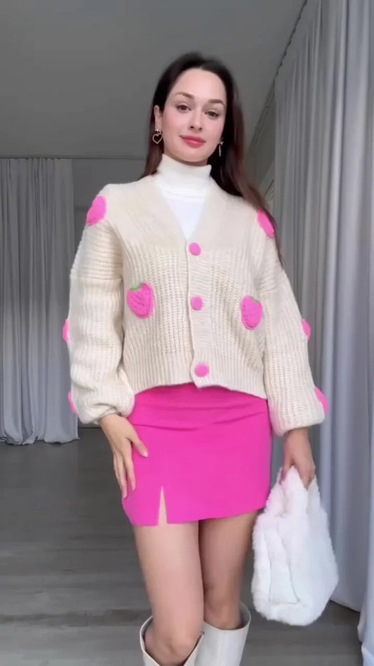 New Cool Cute And Cozy Heart Knit Cardigan and Hot Pink Mini Skirt Winter Outfit Set for Women in Every Winter
